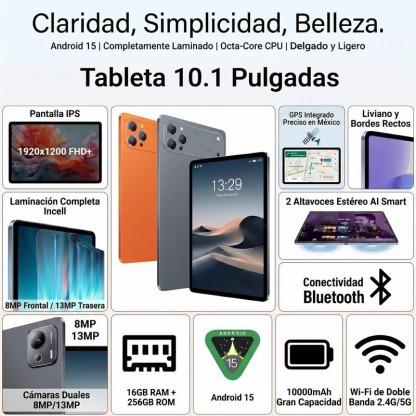 Tablet 10.1\" Android 15 Rendimiento Fluido | Octa-Core | 16GB+256GB | Pantalla HD | 10000mAh | WiFi 5G | Accesorios Incluidos