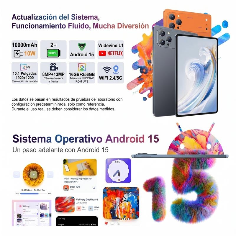Tablet 10.1\" Android 15 Rendimiento Fluido | Octa-Core | 16GB+256GB | Pantalla HD | 10000mAh | WiFi 5G | Accesorios Incluidos