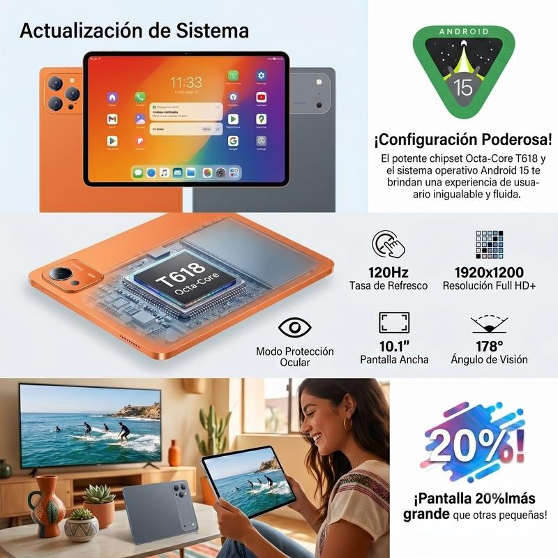 Tablet 10.1\" Android 15 Rendimiento Fluido | Octa-Core | 16GB+256GB | Pantalla HD | 10000mAh | WiFi 5G | Accesorios Incluidos
