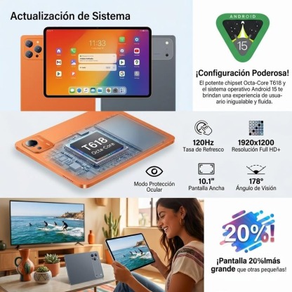 Tablet 10.1\" Android 15 Rendimiento Fluido | Octa-Core | 16GB+256GB | Pantalla HD | 10000mAh | WiFi 5G | Accesorios Incluidos