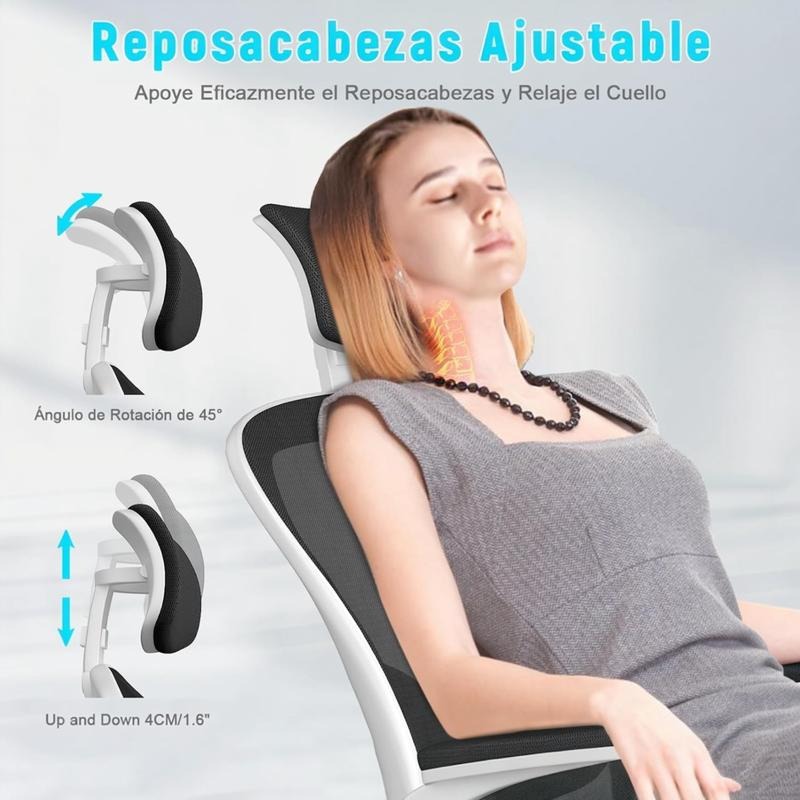 Silla de Oficina, para Gaming, Escritorio Ergonmica con Reposacabezas, Ajustable y con Soporte Lumbar Respaldo de Malla Transpirable Reposabrazos Abatibles de 90 Giratoria 360 (SF168-002)