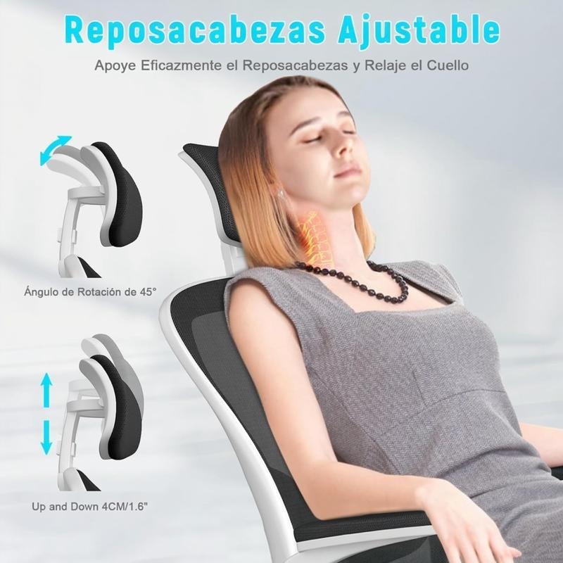 Silla de Oficina, para Gaming, Escritorio Ergonmica con Reposacabezas, Ajustable y con Soporte Lumbar Respaldo de Malla Transpirable Reposabrazos Abatibles de 90 Giratoria 360 (SF168-002)