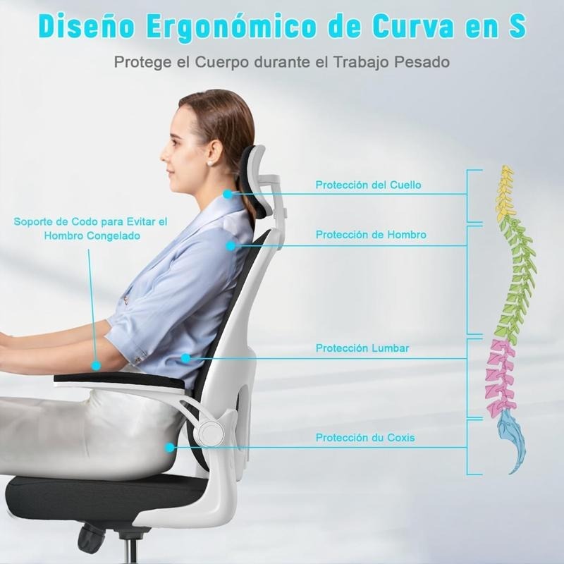 Silla de Oficina, para Gaming, Escritorio Ergonmica con Reposacabezas, Ajustable y con Soporte Lumbar Respaldo de Malla Transpirable Reposabrazos Abatibles de 90 Giratoria 360 (SF168-002)
