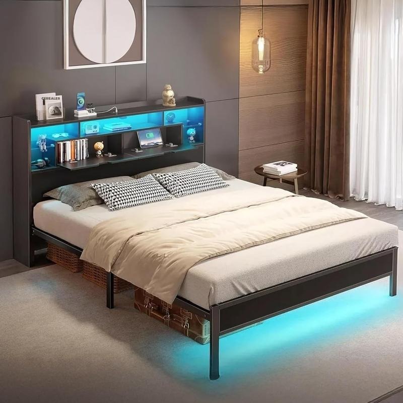 Cama Ironwood, Marco de Cama Metal Negro con Luces LED, 3 Puertos USB y 6 Estantes - Base de Almacenamiento, Resistente, Fácil Montaje (Individual / Matrimonial / Queen)
