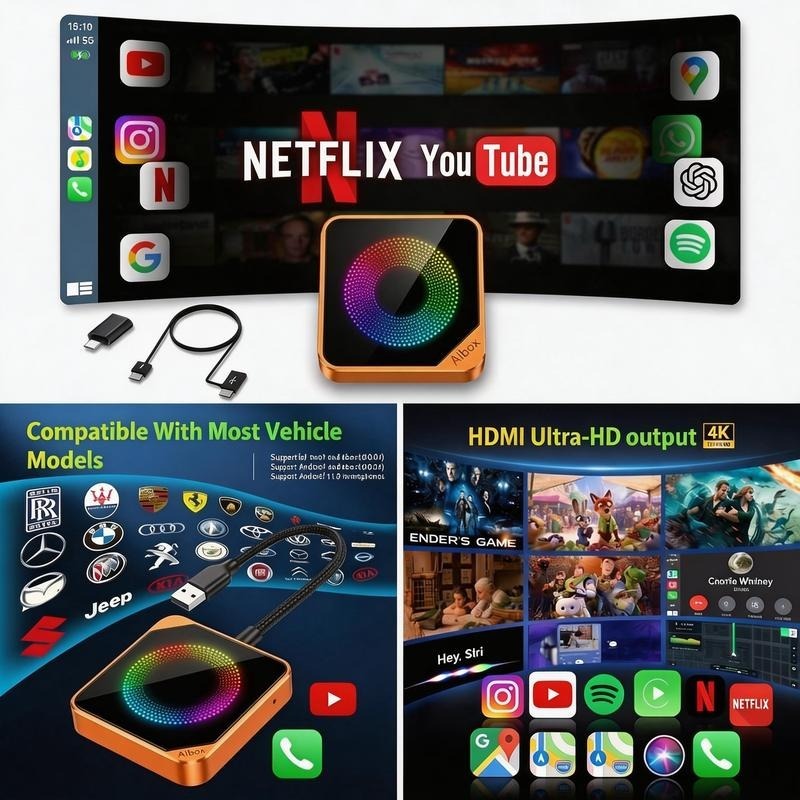 2026 Los adaptadores inalámbricos de carplay aibox admiten la aplicación Netflix / YouTube / tiktok para reproducir vídeos en la pantalla del automóvil (no admiten vehículos con carplay inalámbrico incorporado), versión avanzada 4G + 32G, funcionamiento e