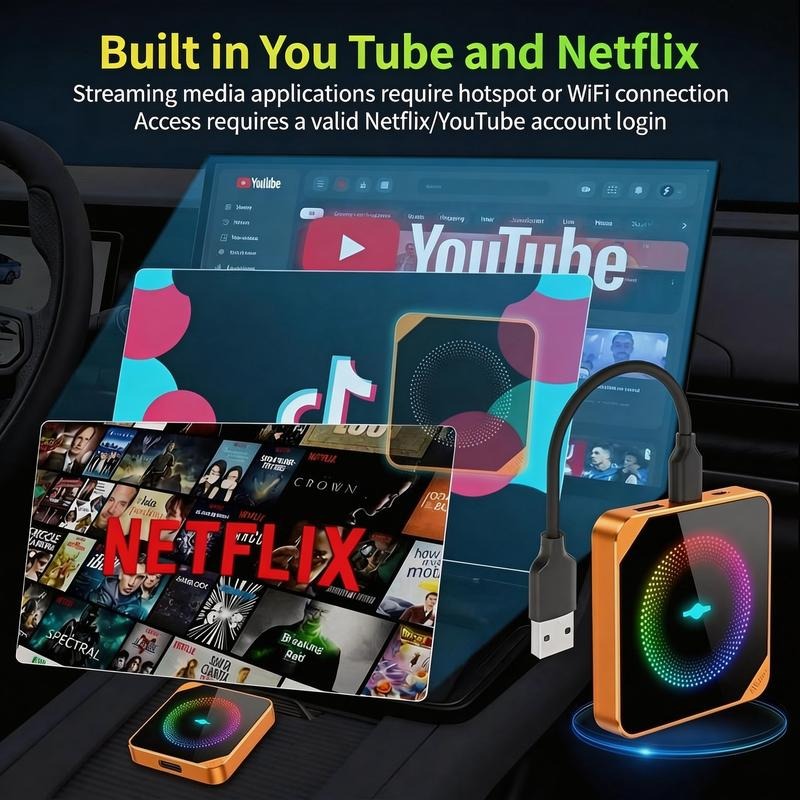 2026 Los adaptadores inalámbricos de carplay aibox admiten la aplicación Netflix / YouTube / tiktok para reproducir vídeos en la pantalla del automóvil (no admiten vehículos con carplay inalámbrico incorporado), versión avanzada 4G + 32G, funcionamiento e