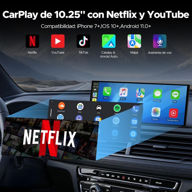 LAMTTO Pantalla Grande Inalámbrica CarPlay de 10.25” para Ver Netflix/YouTube/TikTok en Autos Antiguos & Kit de Cámara Trasera 720P Incluido, Sin Necesidad de Modificar el Auto, Funciona en Autos, Camiones y SUV de 12-24V - Hot Sale
