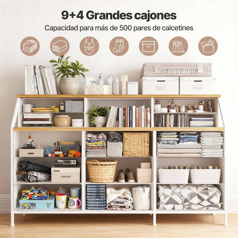 Zocalo Cómoda de Dormitorio con 13 cajones, cómoda Grande con Espacio de Almacenamiento, Estructura de Metal, para Dormitorio