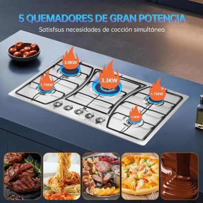 Parrilla de Gas Acero Inoxidable 5 Quemadores Empotrable Resistente Duradera Fácil de Limpiar para Cocina