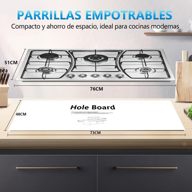 Parrilla de Gas Acero Inoxidable 5 Quemadores Empotrable Resistente Duradera Fácil de Limpiar para Cocina