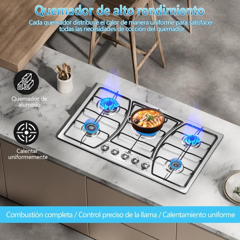 Parrilla de Gas Acero Inoxidable 5 Quemadores Empotrable Resistente Duradera Fácil de Limpiar para Cocina