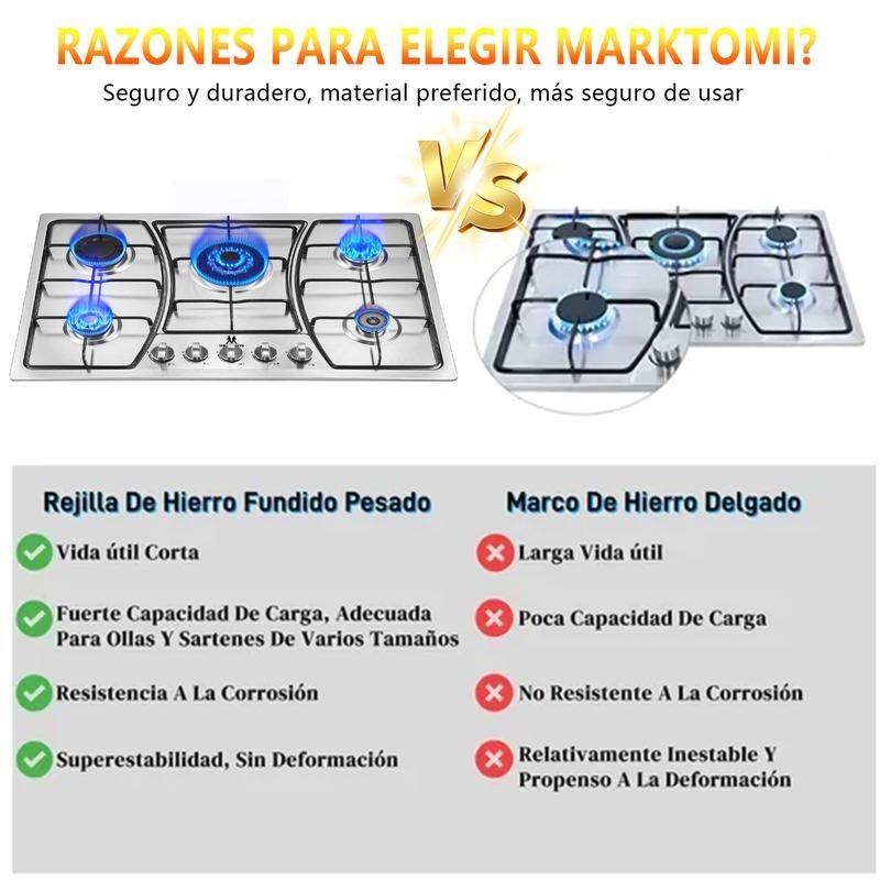 Parrilla de Gas Acero Inoxidable 5 Quemadores Empotrable Resistente Duradera Fácil de Limpiar para Cocina