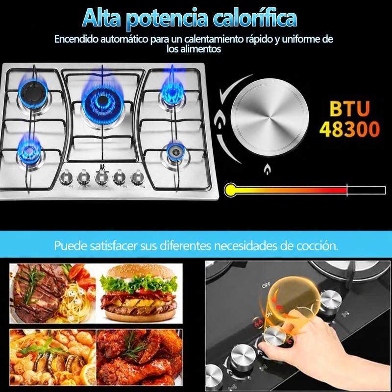 Parrilla de Gas Acero Inoxidable 5 Quemadores Empotrable Resistente Duradera Fácil de Limpiar para Cocina