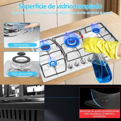 Parrilla de Gas Acero Inoxidable 5 Quemadores Empotrable Resistente Duradera Fácil de Limpiar para Cocina