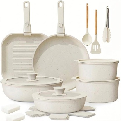 Batería De Cocina Juego De Sartenes 22 Piezas Blanco De Utensilios Antiadherentes Ollas Y Sartenes Medical Stone Con Mangos Desmontables Y Tapas De Vidrio, Compatible Con Inducción Gas Y Horno