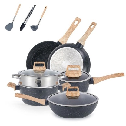 Batería De Cocina Juego De Sartenes 22 Piezas Blanco De Utensilios Antiadherentes Ollas Y Sartenes Medical Stone Con Mangos Desmontables Y Tapas De Vidrio, Compatible Con Inducción Gas Y Horno