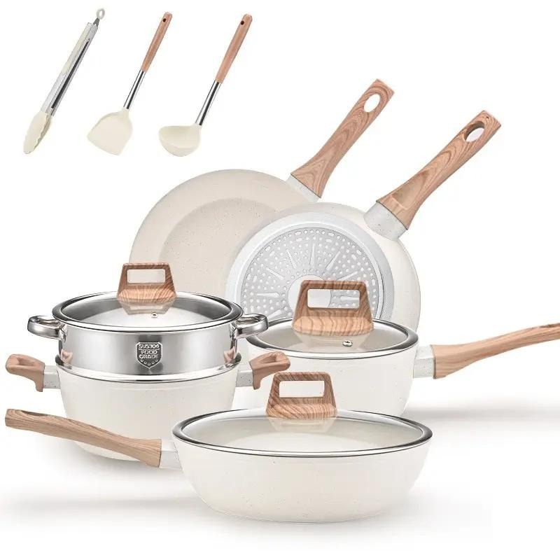 Batería De Cocina Juego De Sartenes 22 Piezas Blanco De Utensilios Antiadherentes Ollas Y Sartenes Medical Stone Con Mangos Desmontables Y Tapas De Vidrio, Compatible Con Inducción Gas Y Horno