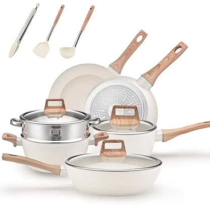 Batería De Cocina Juego De Sartenes 22 Piezas Blanco De Utensilios Antiadherentes Ollas Y Sartenes Medical Stone Con Mangos Desmontables Y Tapas De Vidrio, Compatible Con Inducción Gas Y Horno