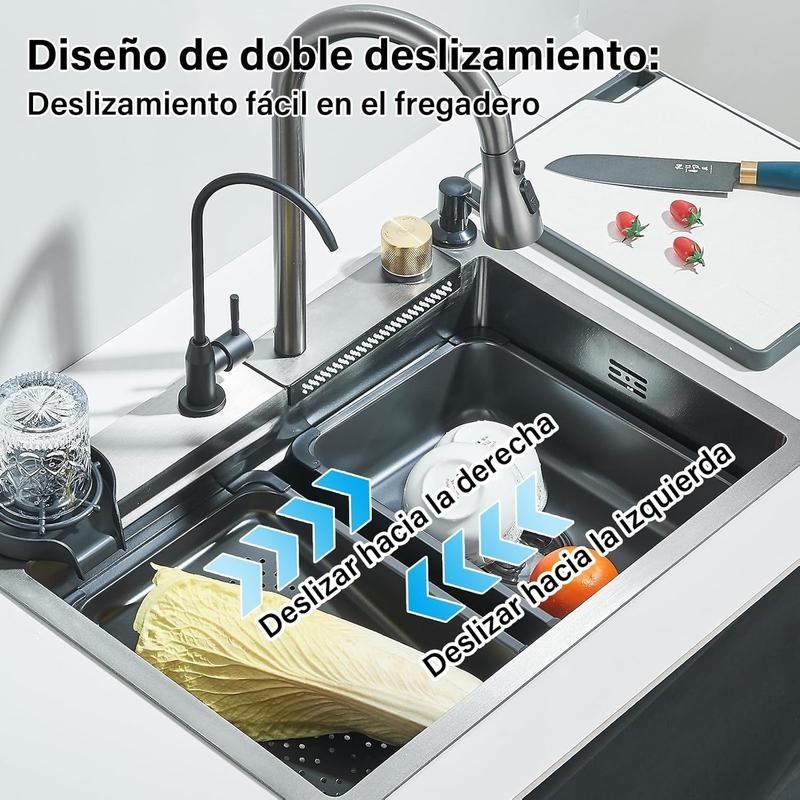 Fregadero de cocina, fregadero de acero inoxidable con cascada, fregadero moderno con dispensador y accesorios para bar, comedor y exterior (60 x 46 cm)