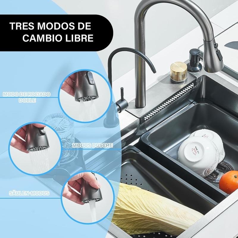 Fregadero de cocina, fregadero de acero inoxidable con cascada, fregadero moderno con dispensador y accesorios para bar, comedor y exterior (60 x 46 cm)
