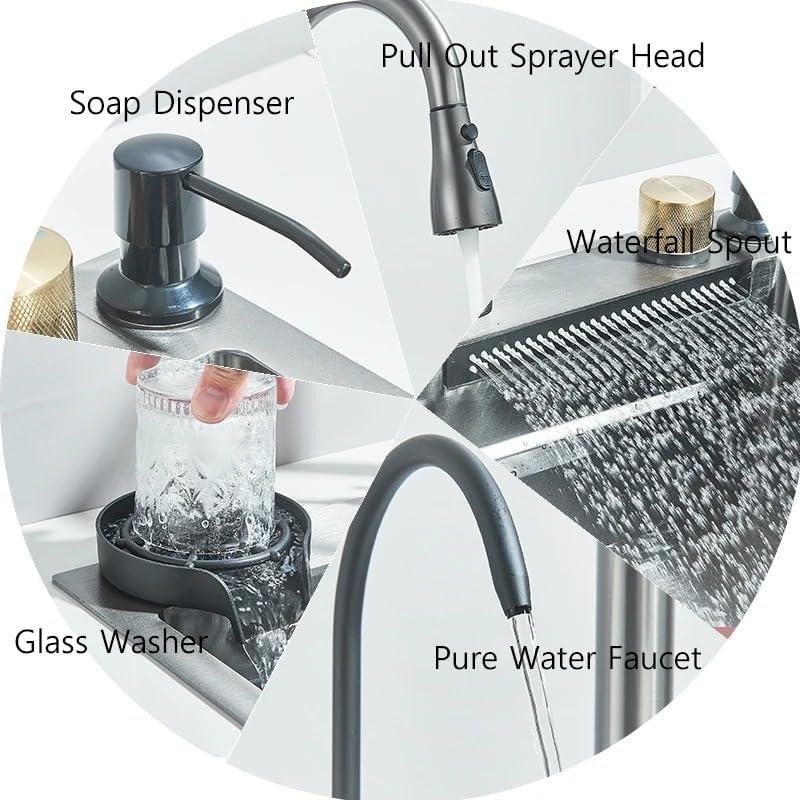 Fregadero de cocina, fregadero de acero inoxidable con cascada, fregadero moderno con dispensador y accesorios para bar, comedor y exterior (60 x 46 cm)