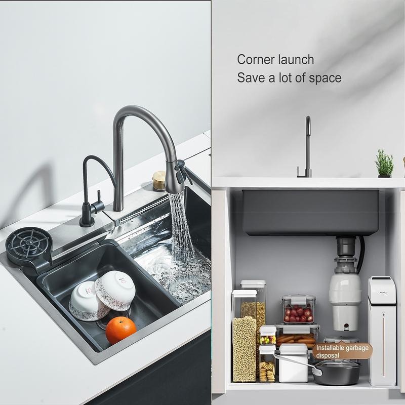 Fregadero de cocina, fregadero de acero inoxidable con cascada, fregadero moderno con dispensador y accesorios para bar, comedor y exterior (60 x 46 cm)