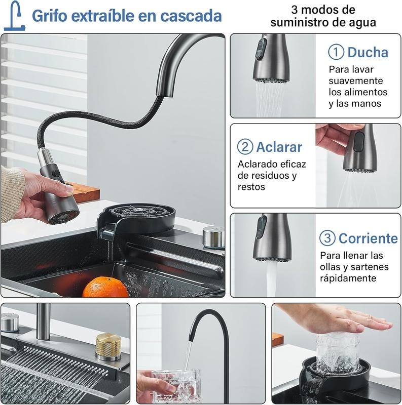 Fregadero de cocina, fregadero de acero inoxidable con cascada, fregadero moderno con dispensador y accesorios para bar, comedor y exterior (60 x 46 cm)