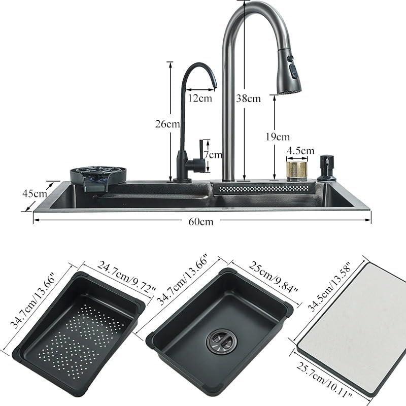 Fregadero de cocina, fregadero de acero inoxidable con cascada, fregadero moderno con dispensador y accesorios para bar, comedor y exterior (60 x 46 cm)