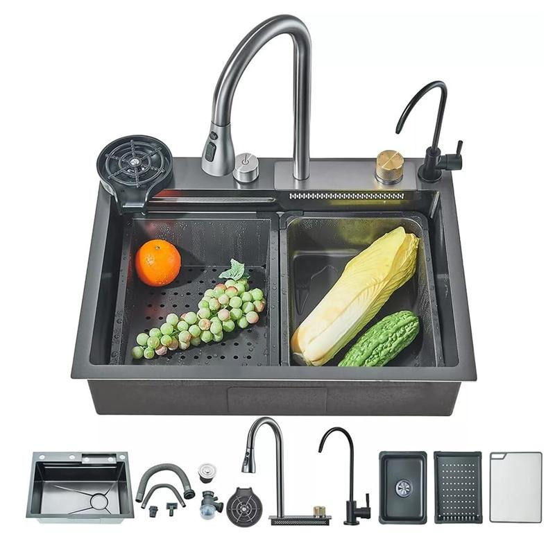 Fregadero de cocina, fregadero de acero inoxidable con cascada, fregadero moderno con dispensador y accesorios para bar, comedor y exterior (60 x 46 cm)