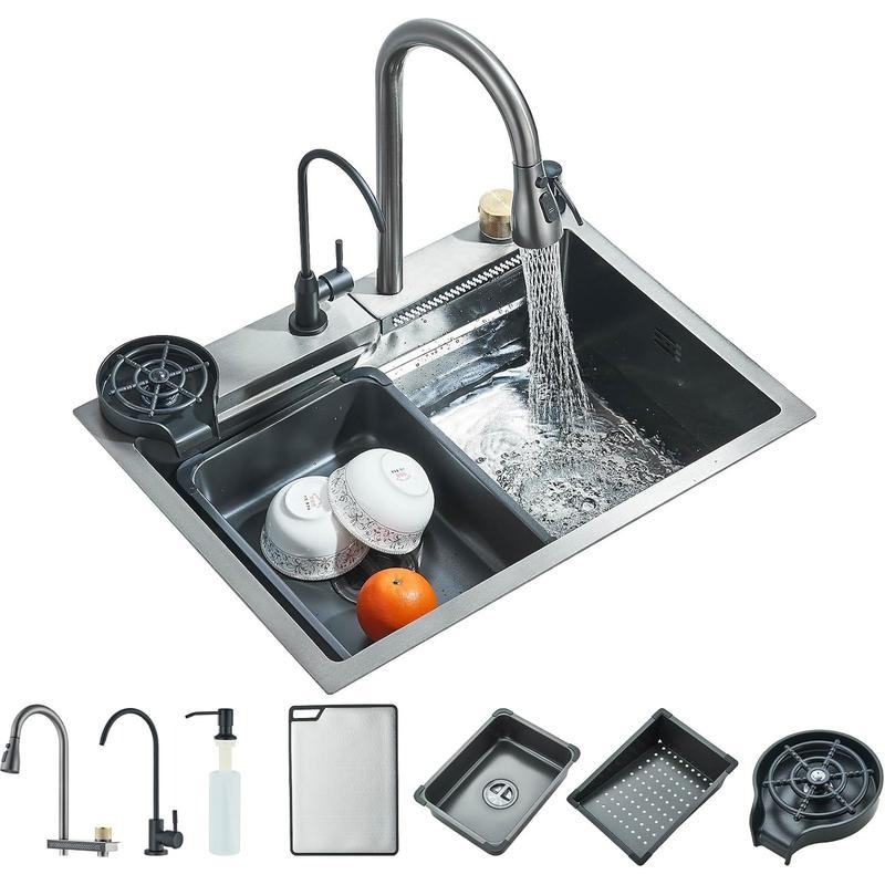 Fregadero de cocina, fregadero de acero inoxidable con cascada, fregadero moderno con dispensador y accesorios para bar, comedor y exterior (60 x 46 cm)