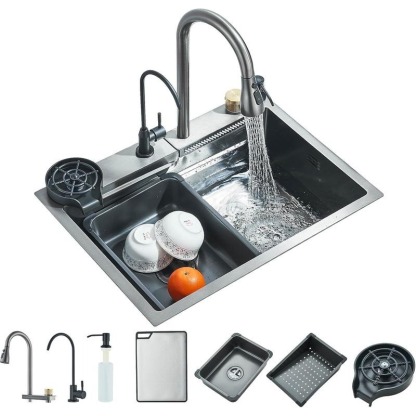 Fregadero de cocina, fregadero de acero inoxidable con cascada, fregadero moderno con dispensador y accesorios para bar, comedor y exterior (60 x 46 cm)