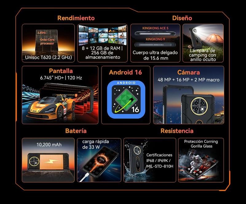 Cubot KingKong ACE5, Robusto Smartphone Android 16, 20 GB de RAM (8GB + 12GB ampliables), 256 GB de ROM, batería de 10200 mAh, pantalla de 6,745" y 120 Hz, cámara de 48MP, NFC, luz de anillo oculta. 4G móviles ofertas  A