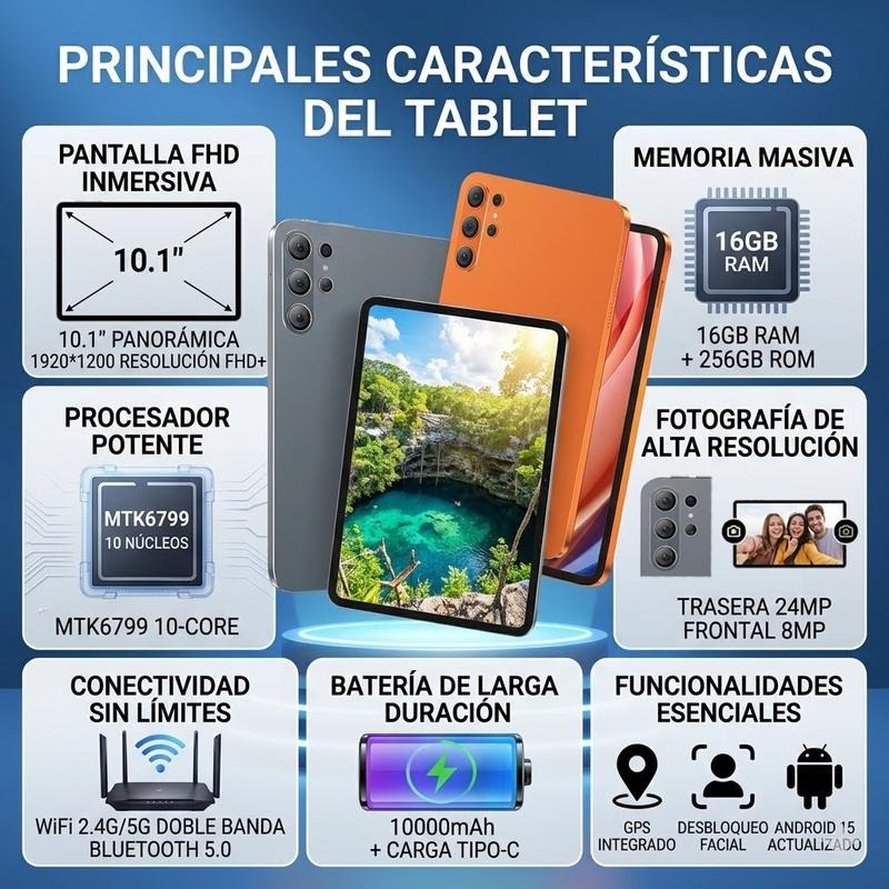 Tablet 10.1" Android 15| Octa-Core | 16GB+256GB | Pantalla HD | 10000mAh | WiFi 5G | Accesorios Incluidos