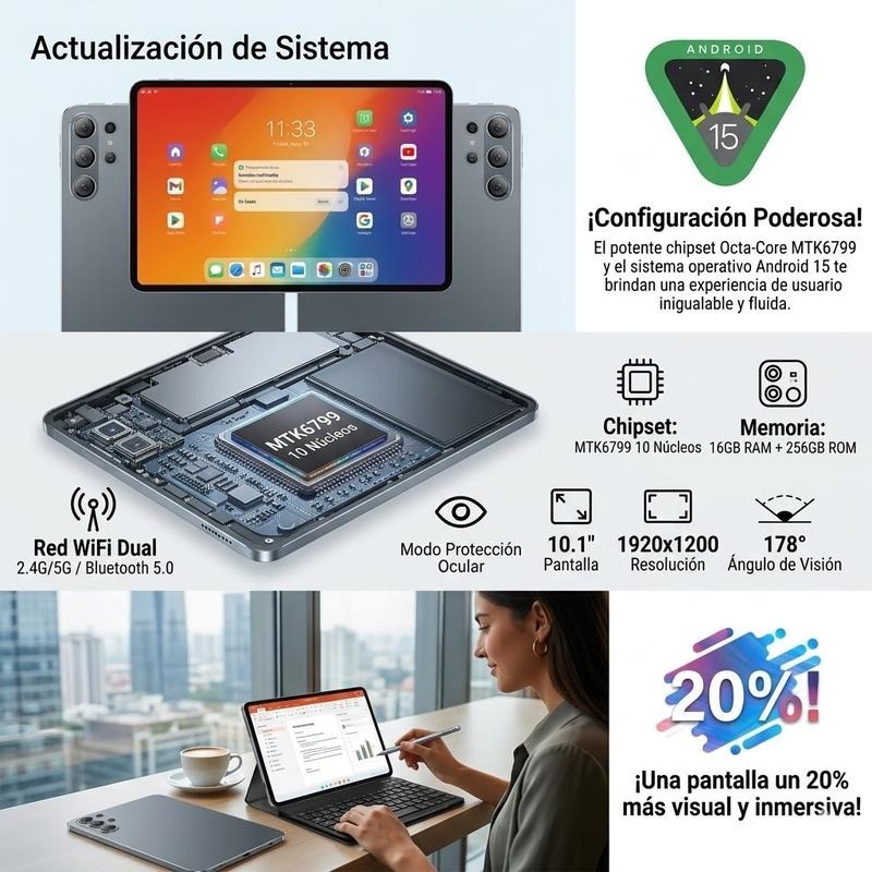 Tablet 10.1" Android 15| Octa-Core | 16GB+256GB | Pantalla HD | 10000mAh | WiFi 5G | Accesorios Incluidos