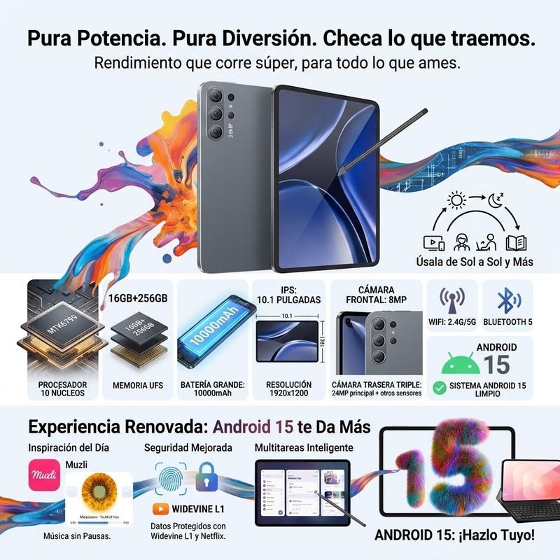 Tablet 10.1" Android 15| Octa-Core | 16GB+256GB | Pantalla HD | 10000mAh | WiFi 5G | Accesorios Incluidos