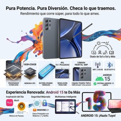 Tablet 10.1" Android 15| Octa-Core | 16GB+256GB | Pantalla HD | 10000mAh | WiFi 5G | Accesorios Incluidos