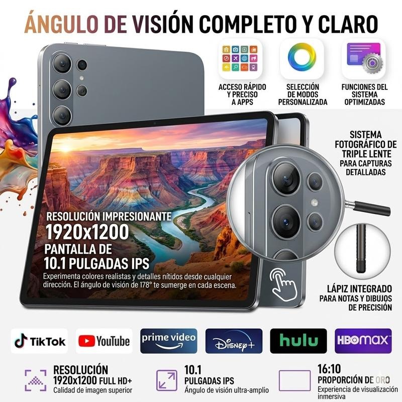 Tablet 10.1" Android 15| Octa-Core | 16GB+256GB | Pantalla HD | 10000mAh | WiFi 5G | Accesorios Incluidos