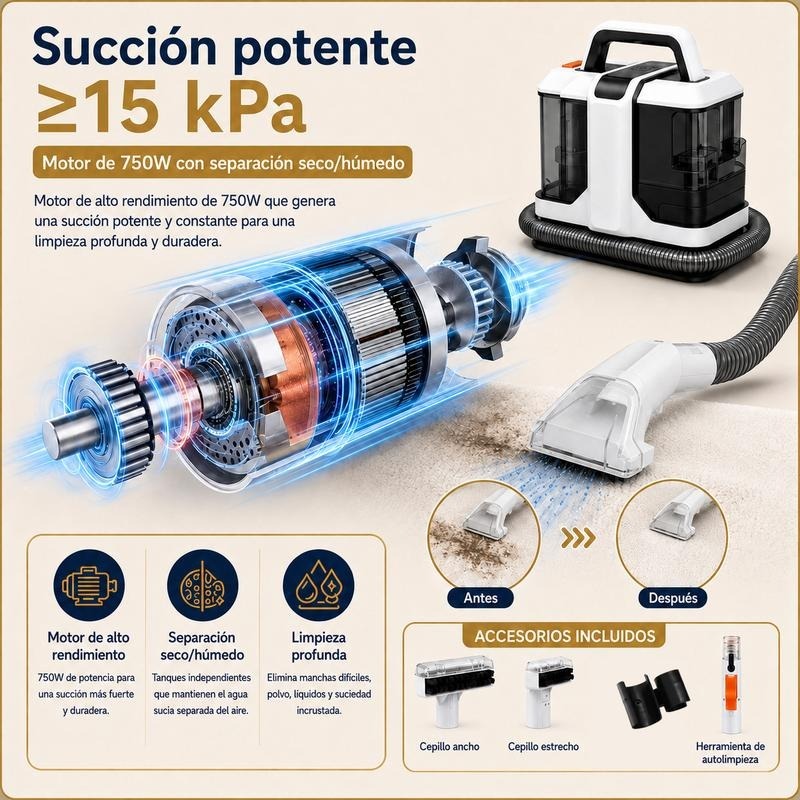 Limpiador de manchas de 500W y 13KPa, limpiador portátil para alfombras, máquina todo en uno IPX4 con pulverización y succión para sofás, camas, alfombras, automóviles y otros artículos del hogar