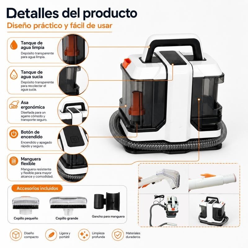 Limpiador de manchas de 500W y 13KPa, limpiador portátil para alfombras, máquina todo en uno IPX4 con pulverización y succión para sofás, camas, alfombras, automóviles y otros artículos del hogar
