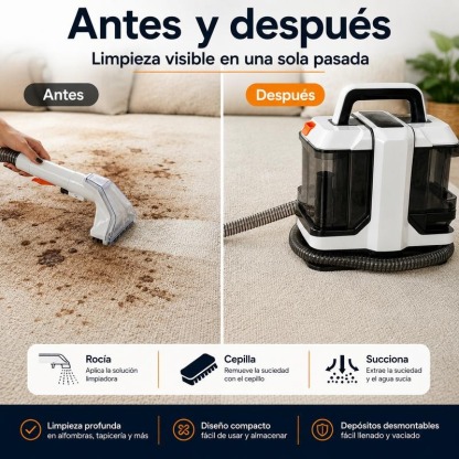 Limpiador de manchas de 500W y 13KPa, limpiador portátil para alfombras, máquina todo en uno IPX4 con pulverización y succión para sofás, camas, alfombras, automóviles y otros artículos del hogar
