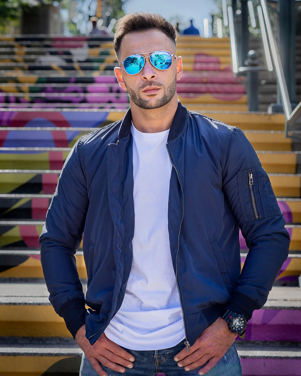 Zak's blue Nylon Flight Jacket with Ribbed Waist