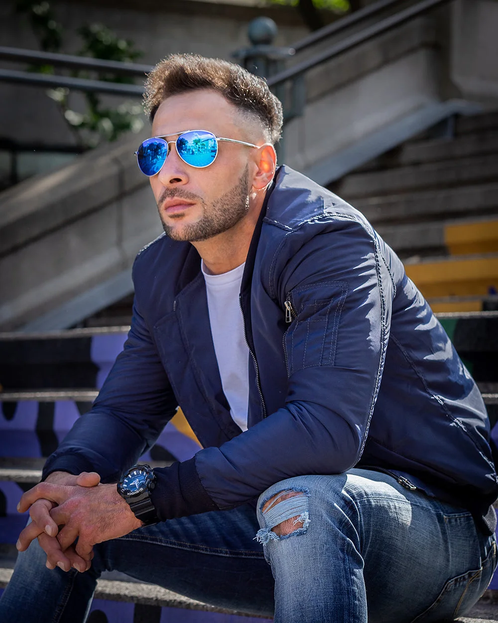 Zak's blue Nylon Flight Jacket with Ribbed Waist