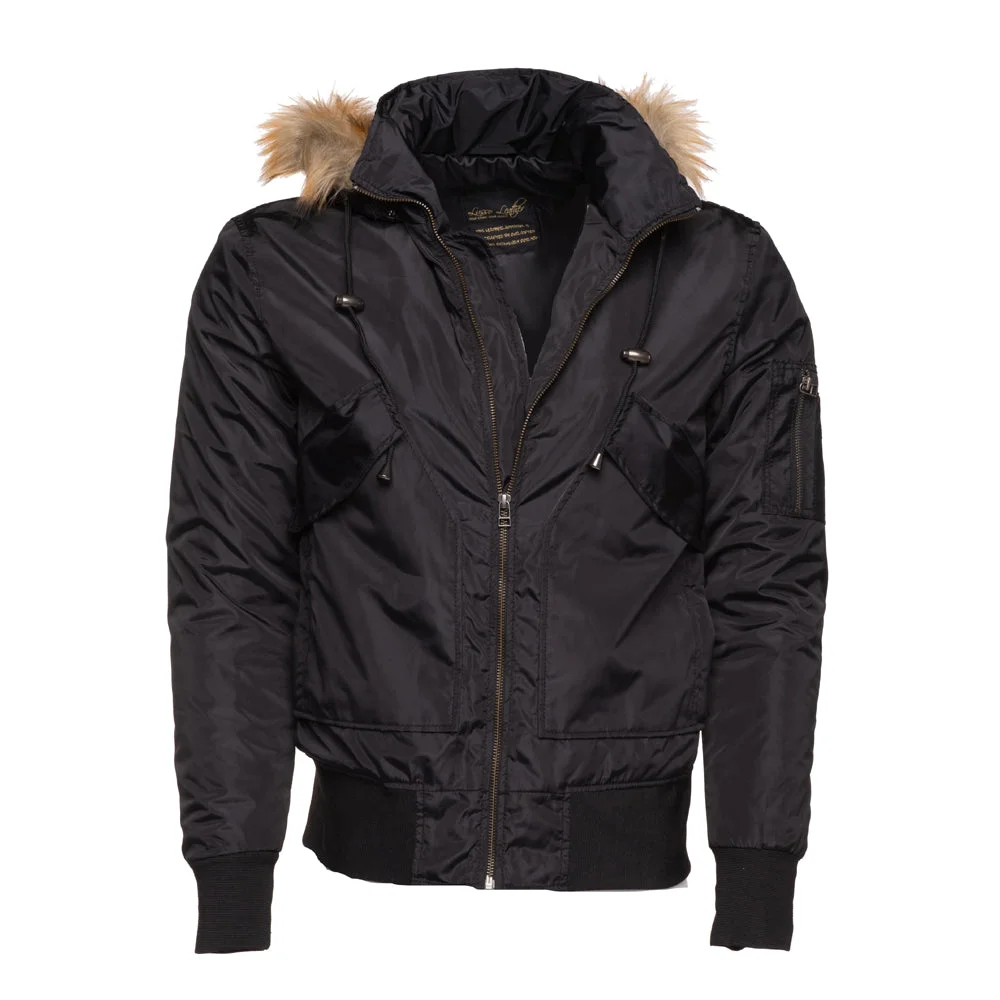 Isaac's Black Nylon Flight Jacket with Fur on Collar