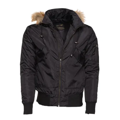 Isaac's Black Nylon Flight Jacket with Fur on Collar