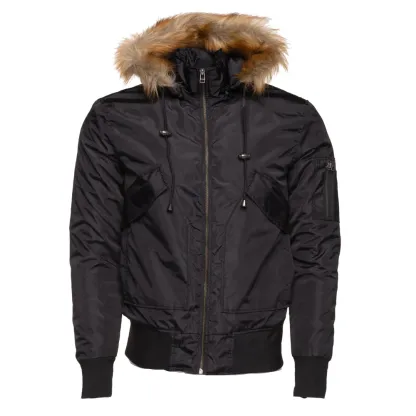 Isaac's Black Nylon Flight Jacket with Fur on Collar