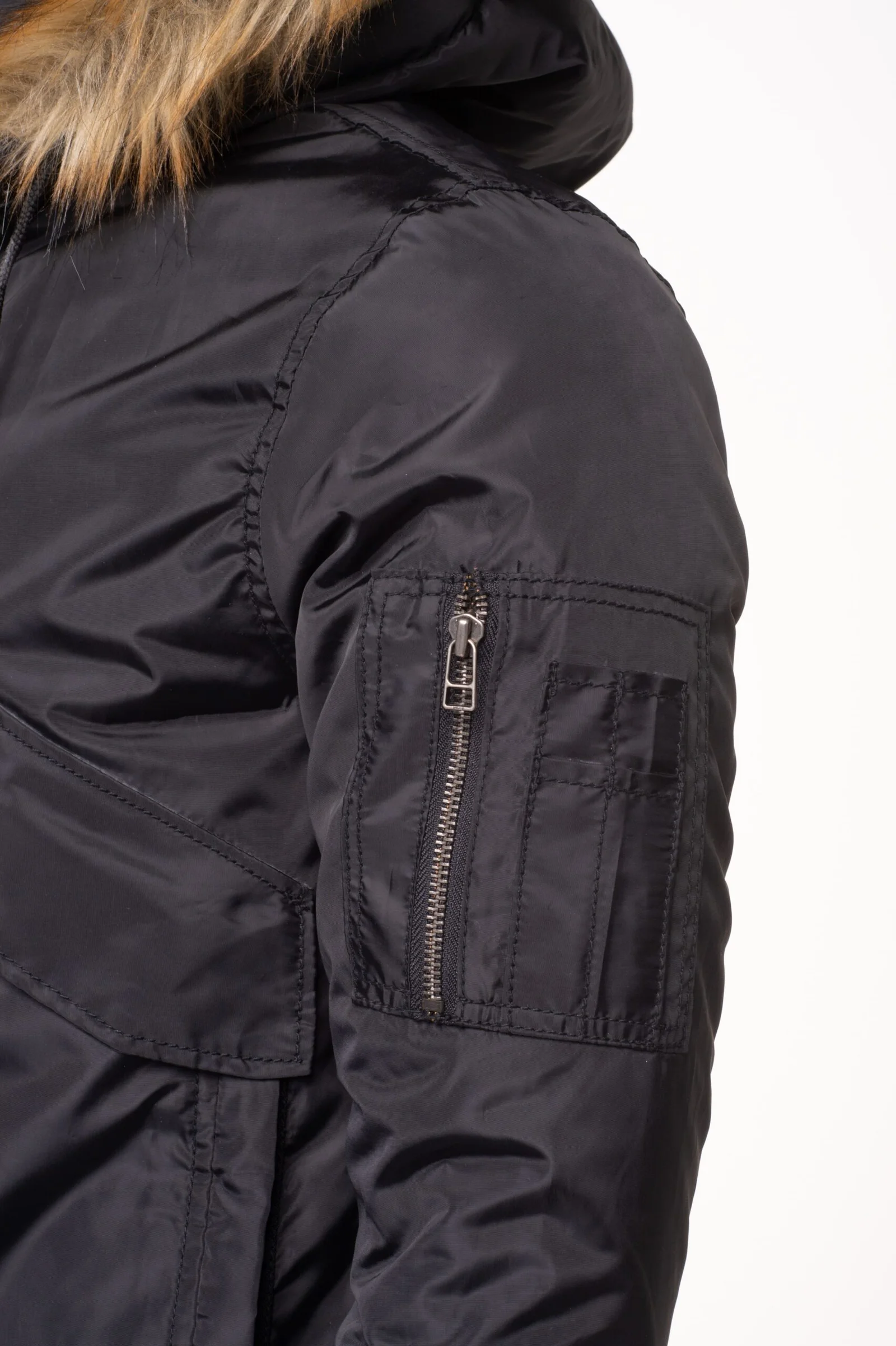 Isaac's Black Nylon Flight Jacket with Fur on Collar