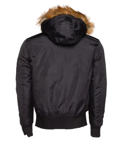 Isaac's Black Nylon Flight Jacket with Fur on Collar
