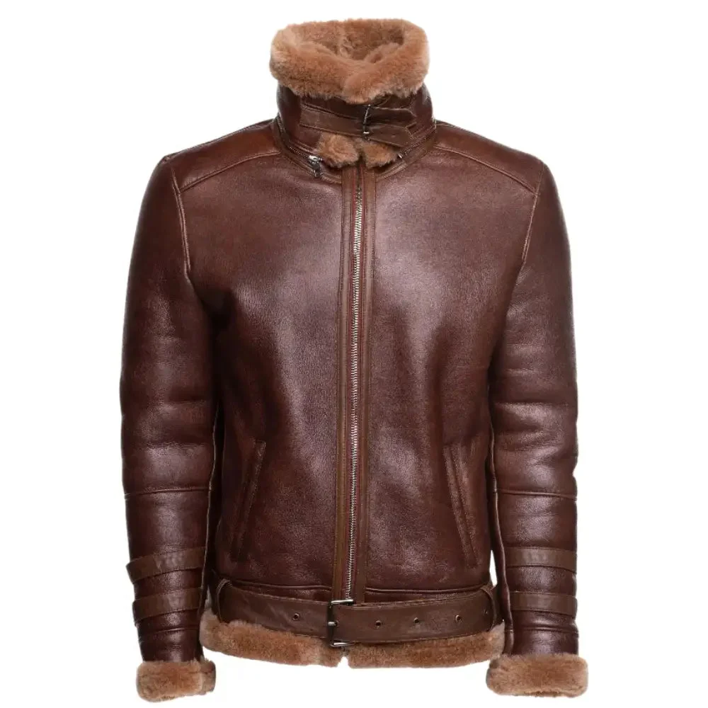 Phan's Brown Aviator bomber shearling jacket with a waist belt