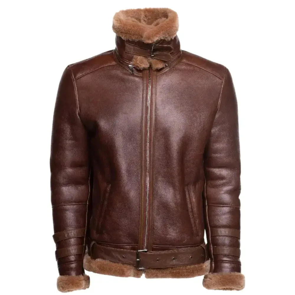 Phan's Brown Aviator bomber shearling jacket with a waist belt