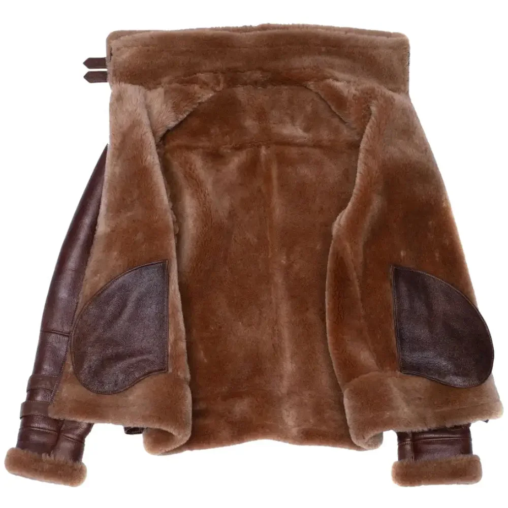 Phan's Brown Aviator bomber shearling jacket with a waist belt